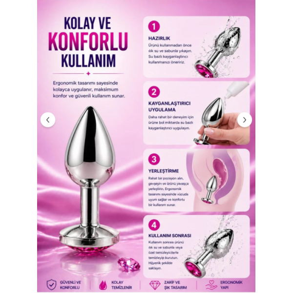 Mücevherli Çelik Anal Plug Küçük Boy