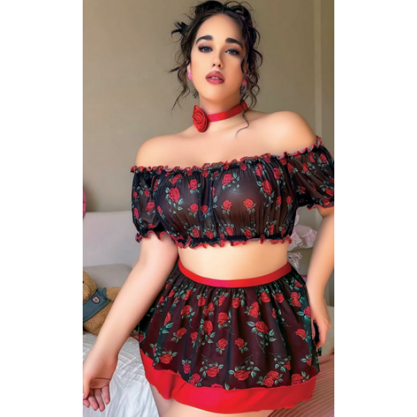 Arzu Shop Gül  Siyah Desenli Mini Fantezi