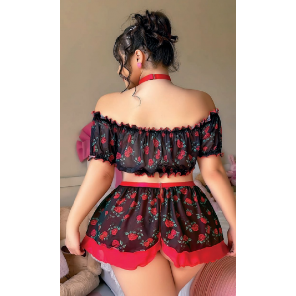 Arzu Shop Gül  Siyah Desenli Mini Fantezi