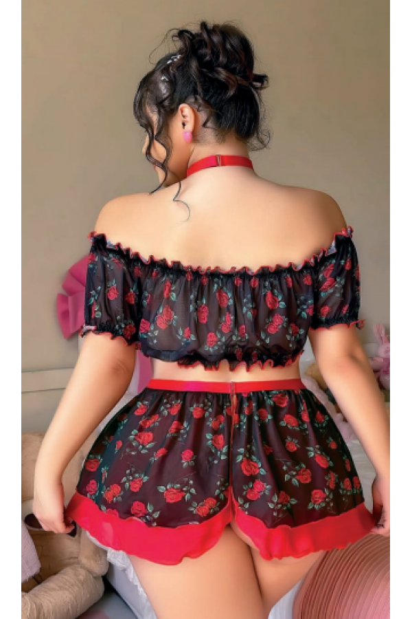 Arzu Shop Gül  Siyah Desenli Mini Fantezi 