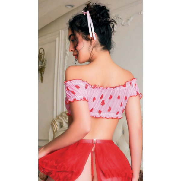 Arzu Shop Seksi Kırmızı Kalp Desenli Şık Pembe  Fantezi Kostüm