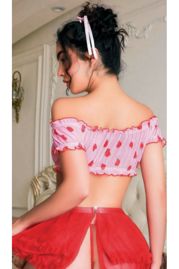 Arzu Shop Seksi Kırmızı Kalp Desenli Şık Pembe  Fantezi Kostüm