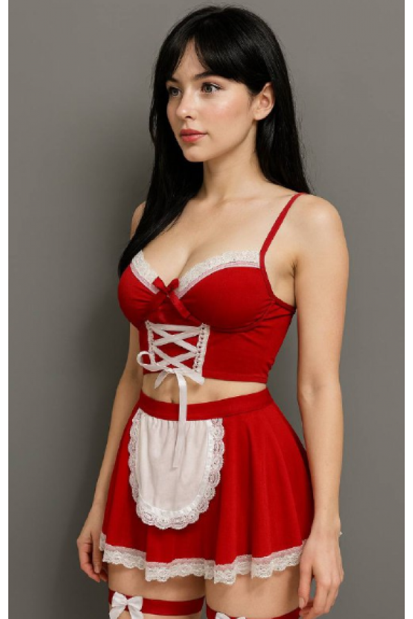 Arzu Shop Kırmızı Hizmetci Fiyonklu Etekli Seksi Kostümü