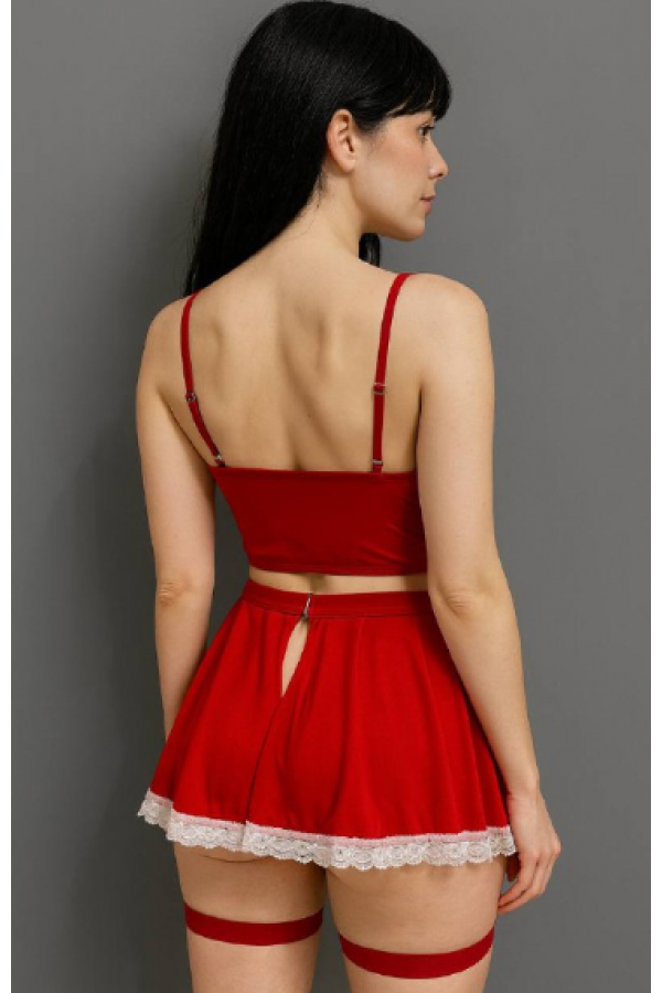 Arzu Shop Kırmızı Hizmetci Fiyonklu Etekli Seksi Kostümü