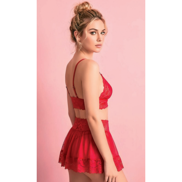 Arzu Sexshop Kırmızı Tül Fırfırlı Etekli Sütyen Takım