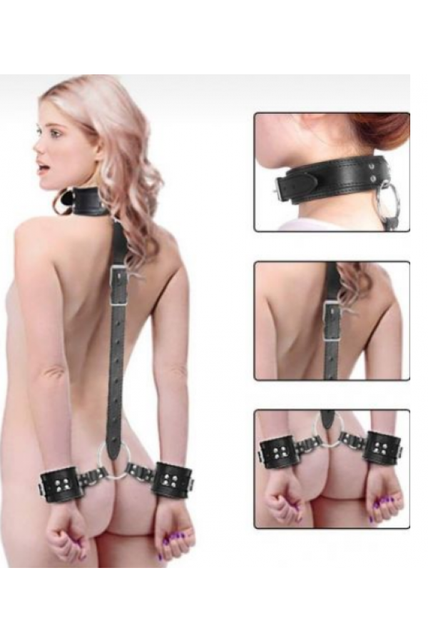 Siyah Boyunlu Tasmalı Kelepçeli Fantazi  Deri Fetiş Seti